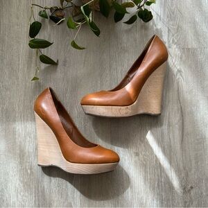 Authentic Yves Saint Laurent 'maryna' Brown Leather wood Wedges 39.5